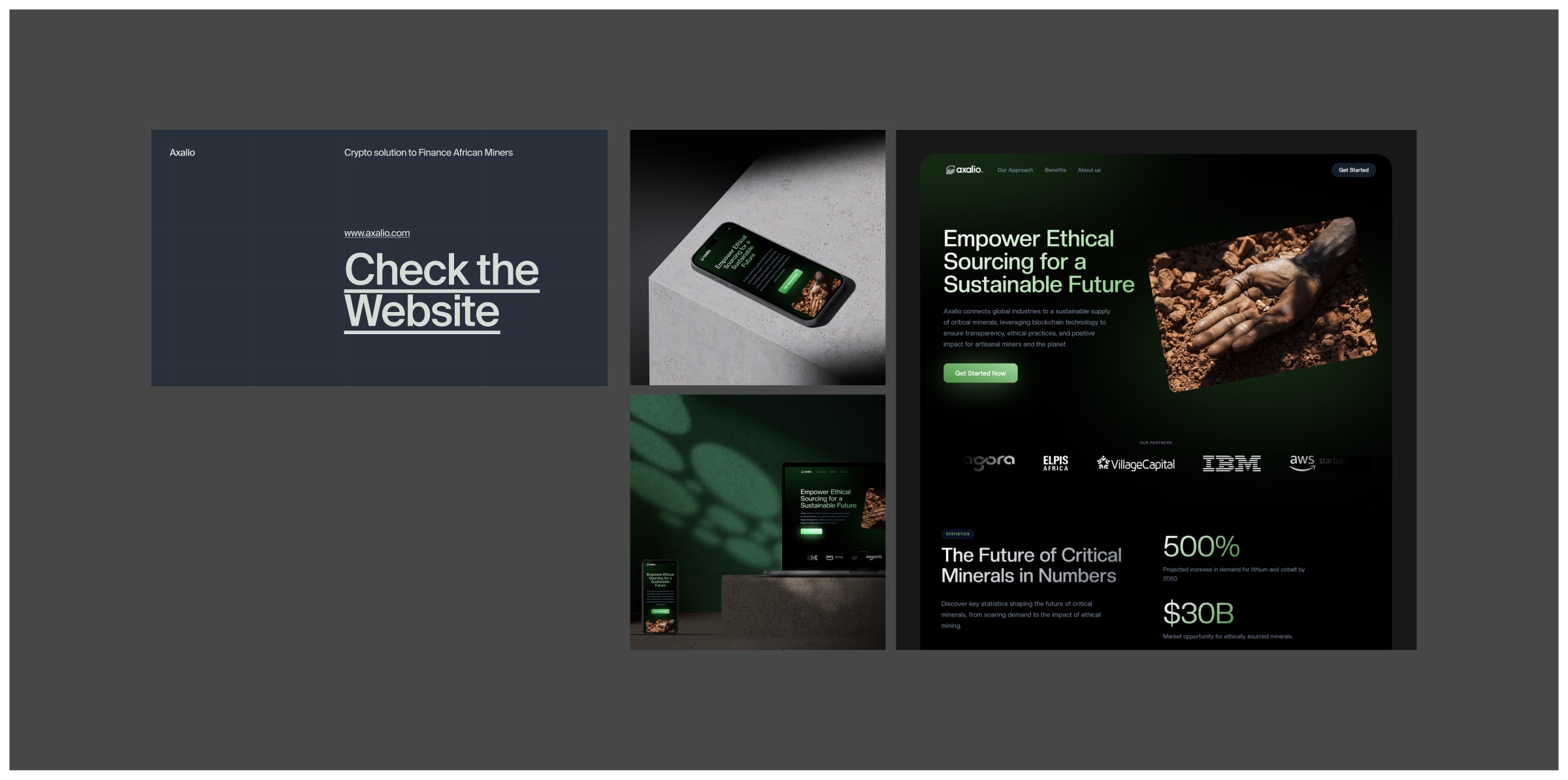 The Axalio board: a title card reading 'Check the Website', a phone mockup, a laptop-and-phone mockup, and a large render of the site's home page.