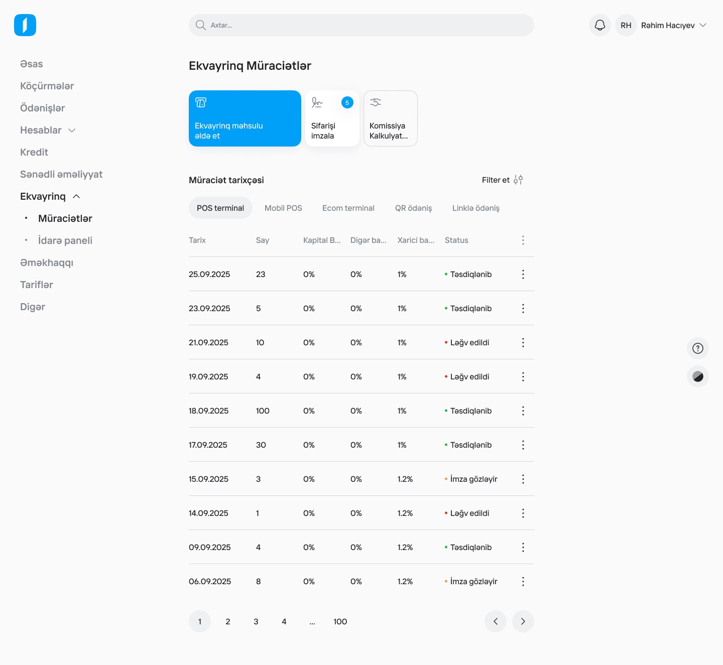 'Ekvayrinq Müraciətlər' page with an expanded acquiring section in the sidebar, tabs for POS terminal, mobile POS, e-commerce, QR and link payments, and a table of applications with rates and statuses