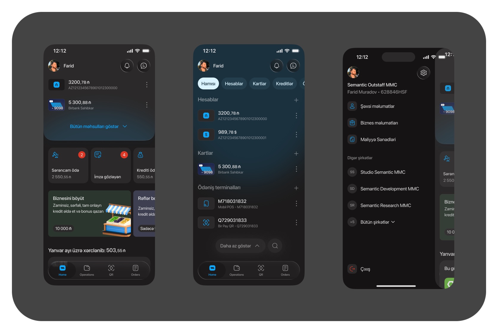 Three dark iOS screens: the home screen with an account, a card and quick actions; the expanded product list with accounts, cards and payment terminals; and the profile drawer with company details and a list of other companies.