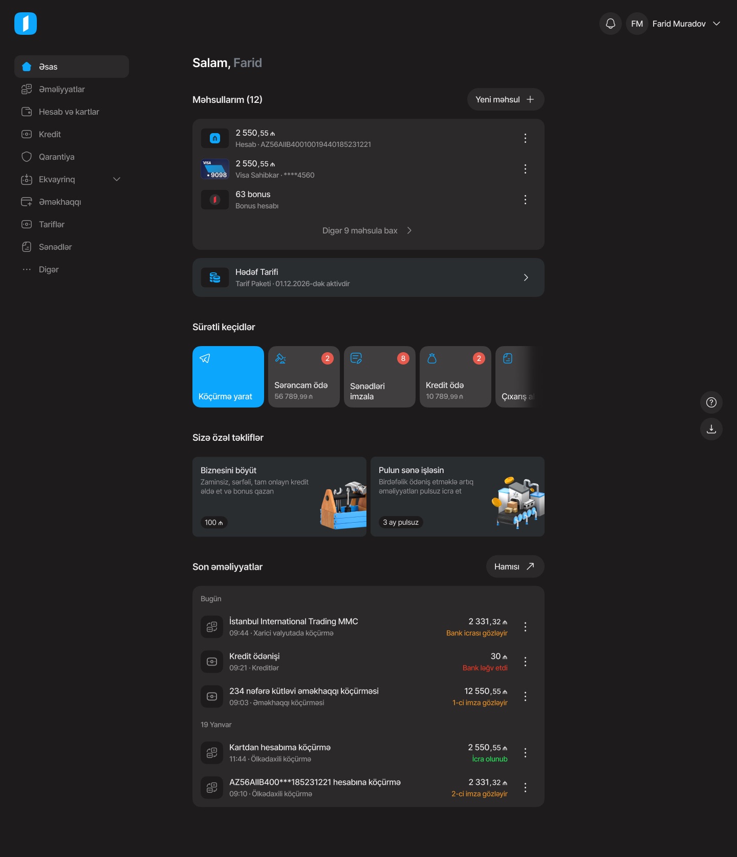 Dark web home: sidebar navigation, a greeting, a product list with an account, a card and a bonus balance, quick-action tiles with counters, two offer banners and recent operations with coloured statuses