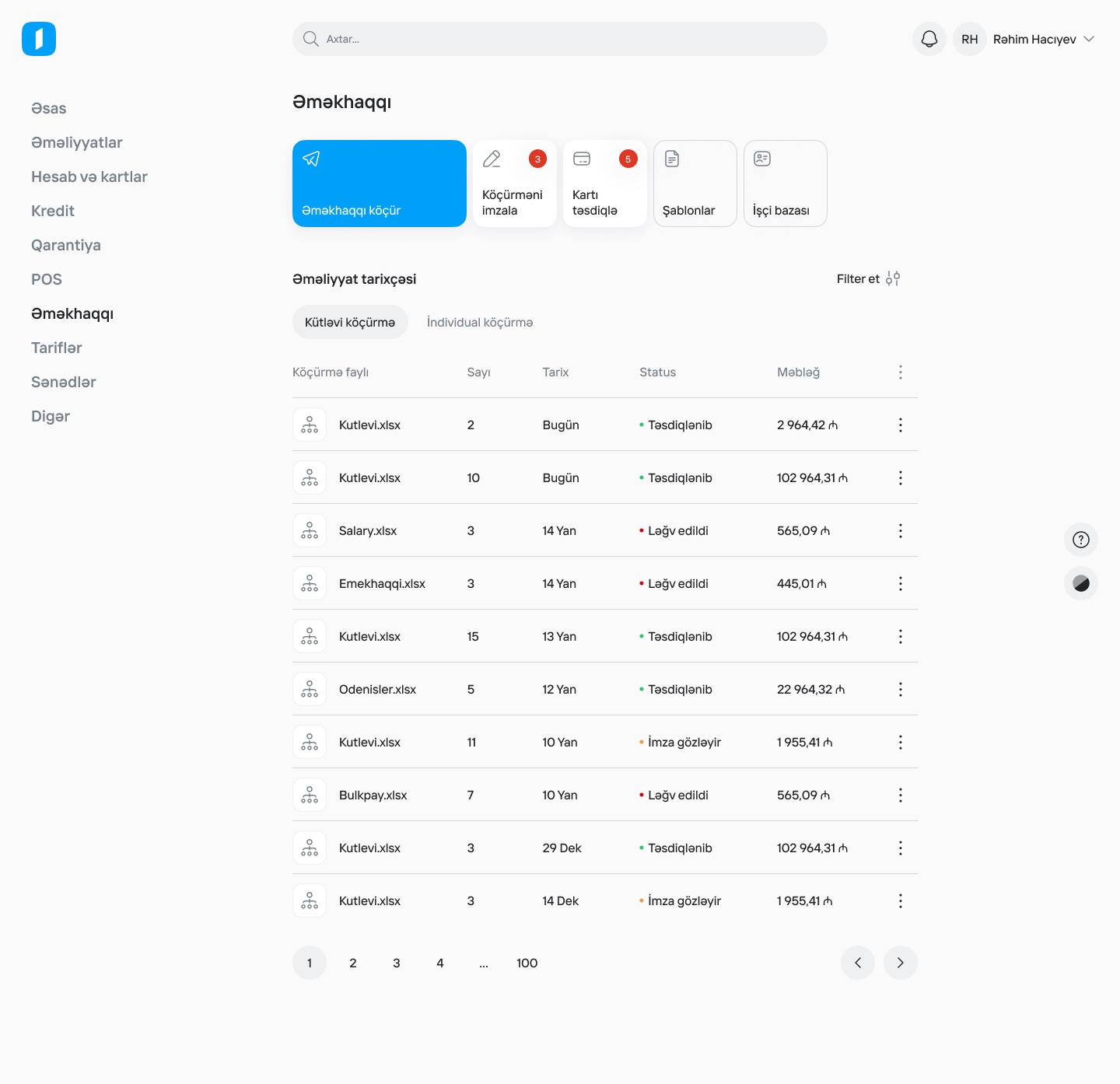 'Əməkhaqqı' payroll page with tiles for paying salaries, signing and confirming cards, bulk and individual tabs, and a table of uploaded salary files with counts, dates, statuses and amounts