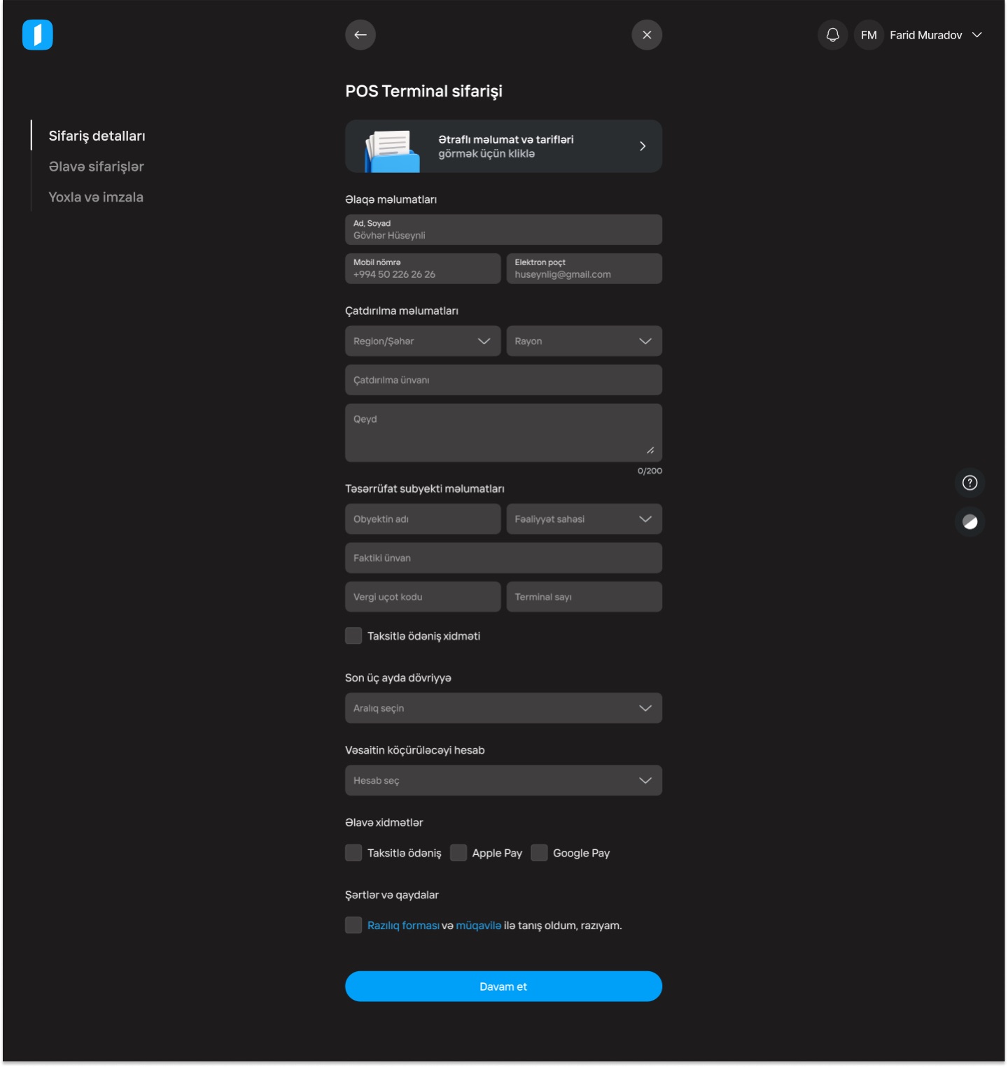 Dark 'POS Terminal sifarişi' form with steps on the left and grouped fields for contact, delivery, business details, turnover, payout account, extra services and terms
