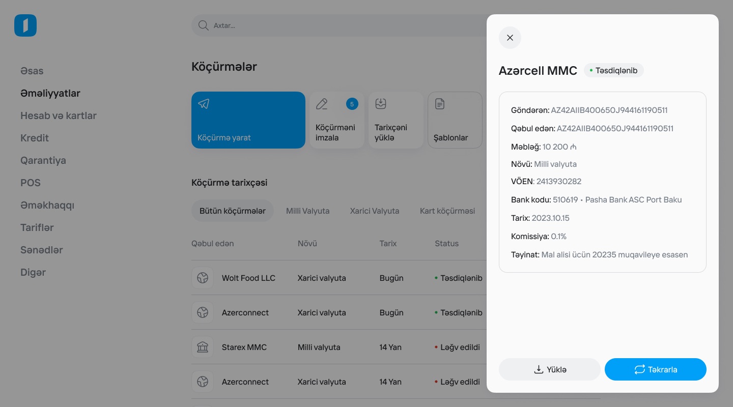 Transfers page dimmed behind a right-side drawer showing an approved transfer's sender, recipient, amount, type, tax ID, bank, date, fee and purpose, with Download and Repeat buttons