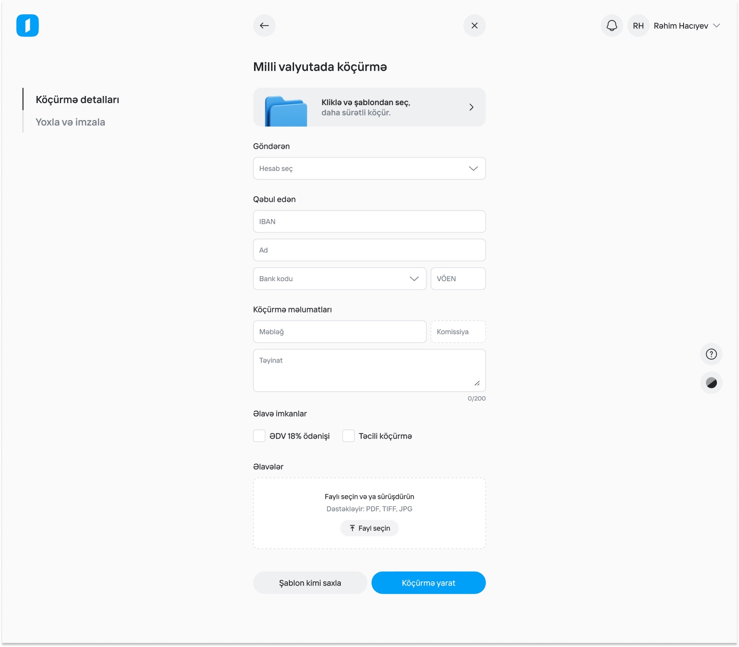 'Milli valyutada köçürmə' form with a templates card, sender account, recipient IBAN, name, bank and tax ID, amount and purpose, extra options and a file upload area