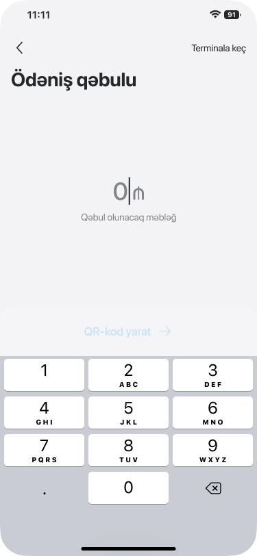 'Ödəniş qəbulu' screen with an empty amount field in manats above a number pad and a disabled 'QR-kod yarat' link