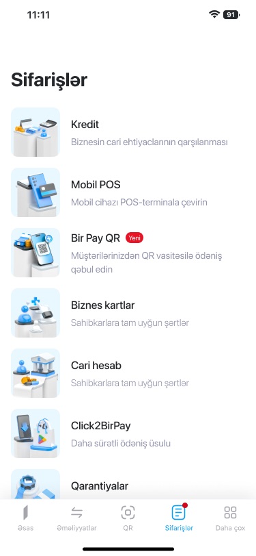 'Sifarişlər' list of products to order, each with a 3D illustration, including Kredit, Mobil POS and Bir Pay QR marked 'Yeni'
