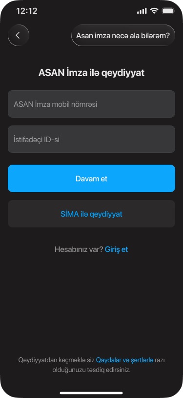 'ASAN İmza ilə qeydiyyat' form with mobile number and user ID fields, a Continue button and a secondary 'SİMA ilə qeydiyyat' option