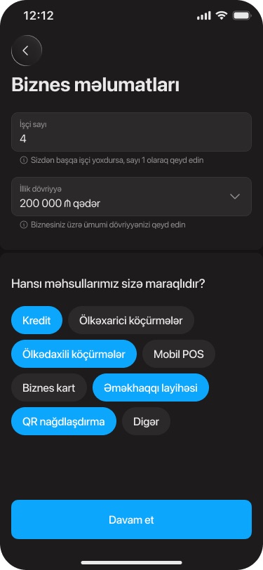 'Biznes məlumatları' screen with employee count, a yearly turnover dropdown and product chips such as Kredit, Mobil POS and QR nağdlaşdırma, several selected
