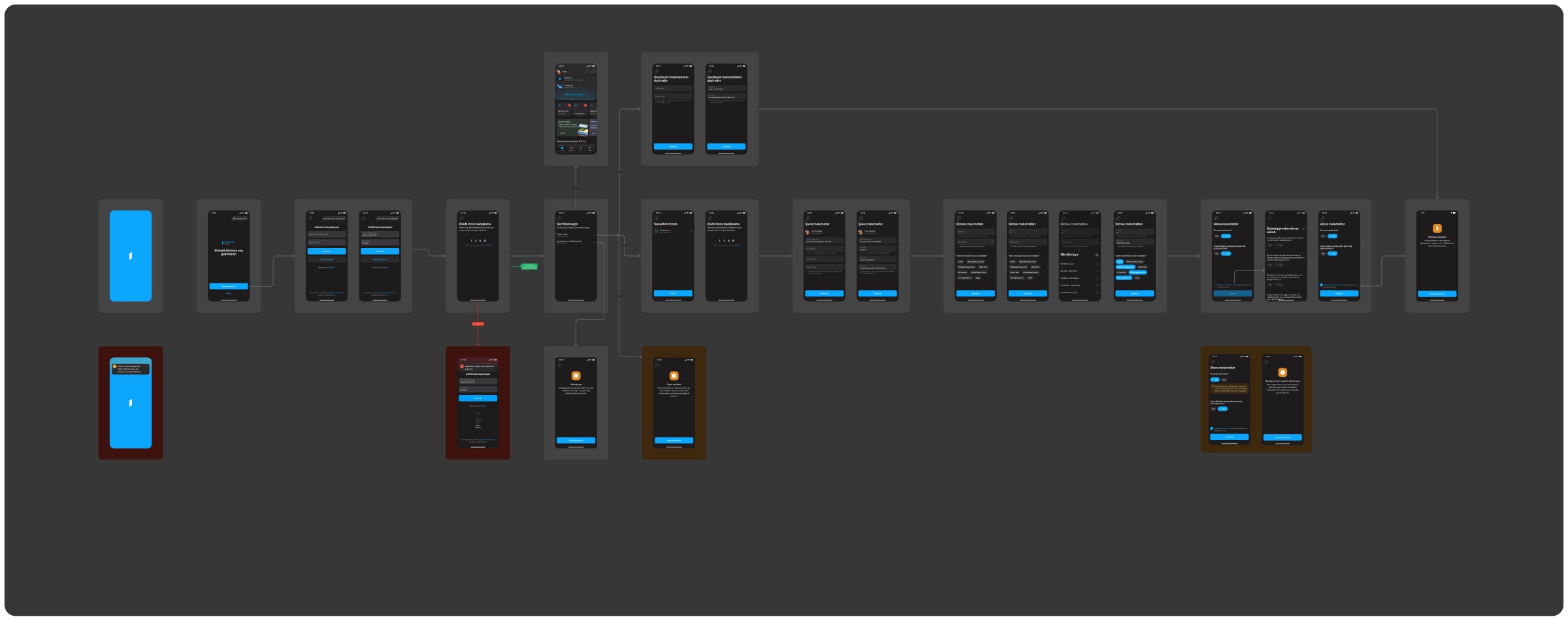 The full registration flow board: a row of dark phone screens from splash to result, joined by arrows, with branches below for no internet, data not found, non-resident and political-figure cases.