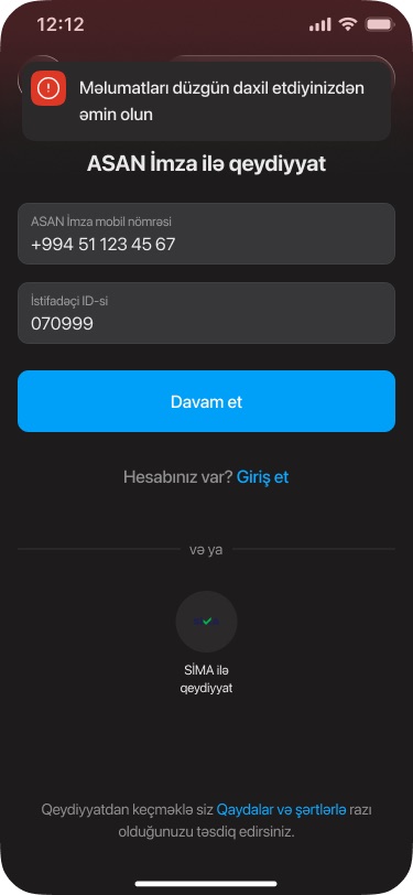 ASAN İmza form with filled fields and a red error toast at the top asking the user to check the entered data