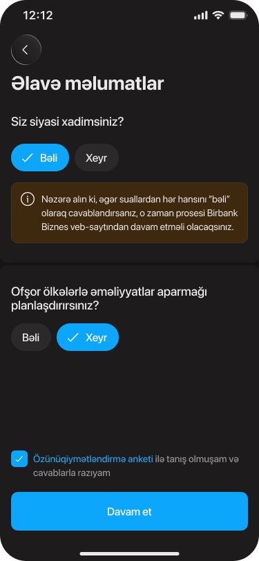 The same screen with 'Bəli' selected for the political question and an amber notice saying the process must continue on the Birbank Biznes website