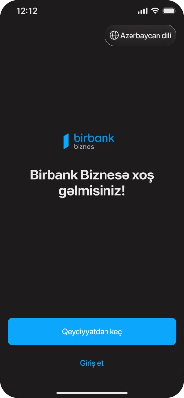 Dark welcome screen with the Birbank Biznes logo, the greeting 'Birbank Biznesə xoş gəlmisiniz!', a language switch and a 'Qeydiyyatdan keç' button