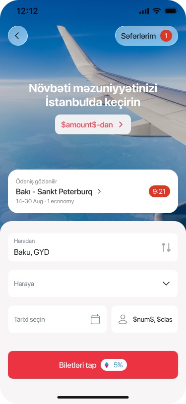 Flight search home with a promo banner, an 'awaiting payment' card for Baku to Saint Petersburg with a countdown, and the search form