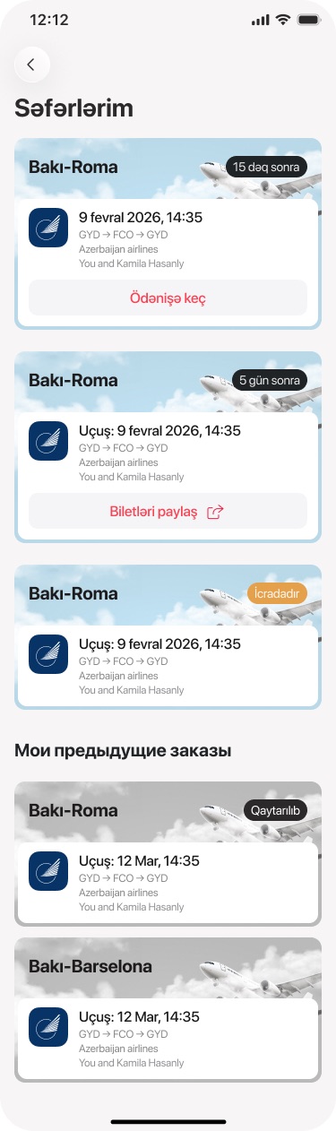 My Trips list with upcoming Baku to Rome bookings in different states