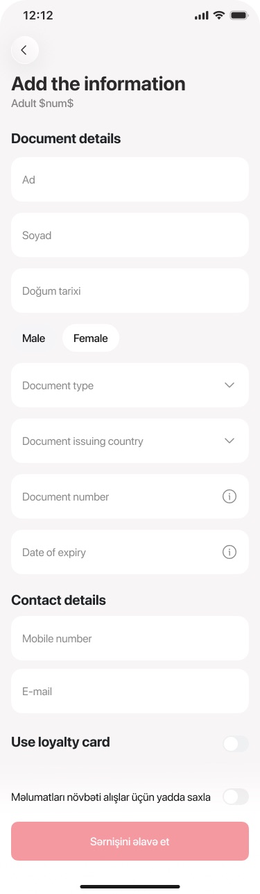 Passenger form with document details, contact details, loyalty card and save-for-next-time toggles