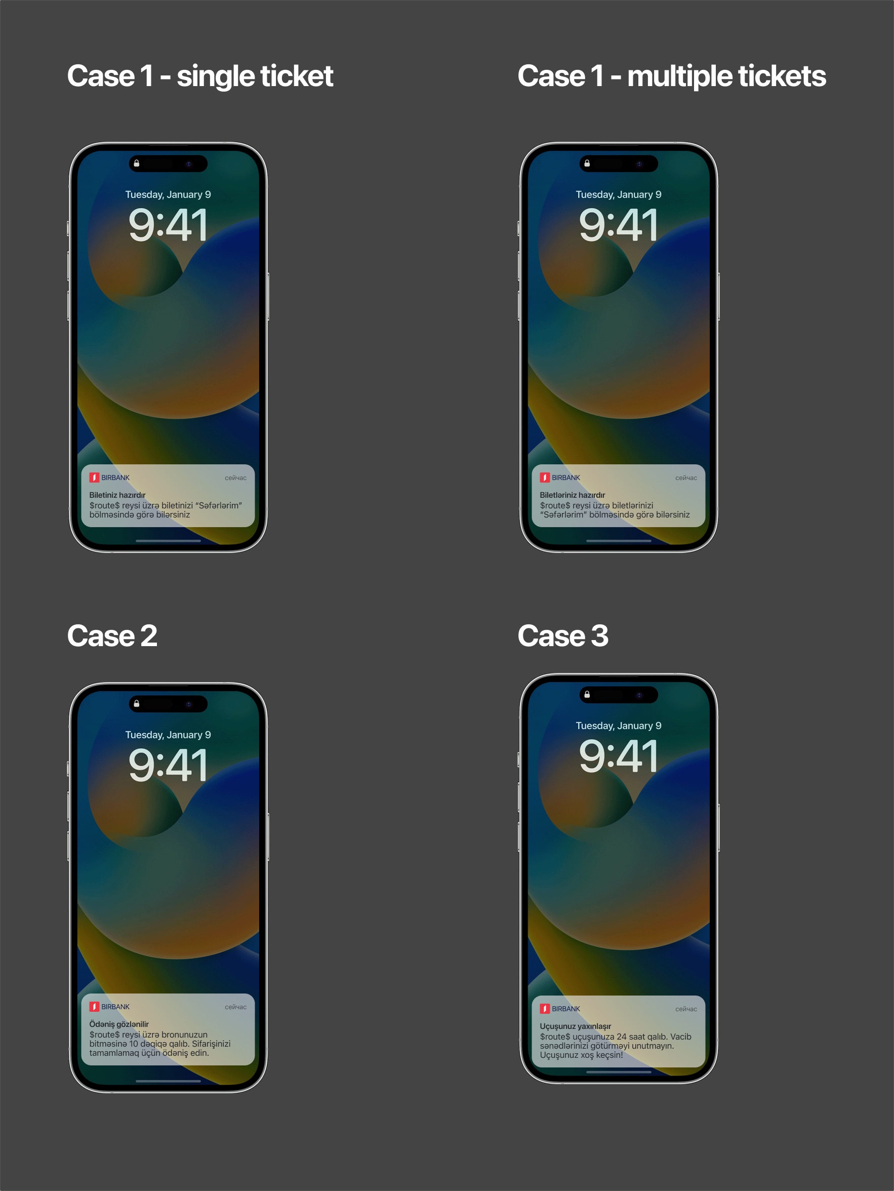 Four lock-screen notifications from Birbank: tickets ready for one and for several tickets, payment due, and the flight is tomorrow