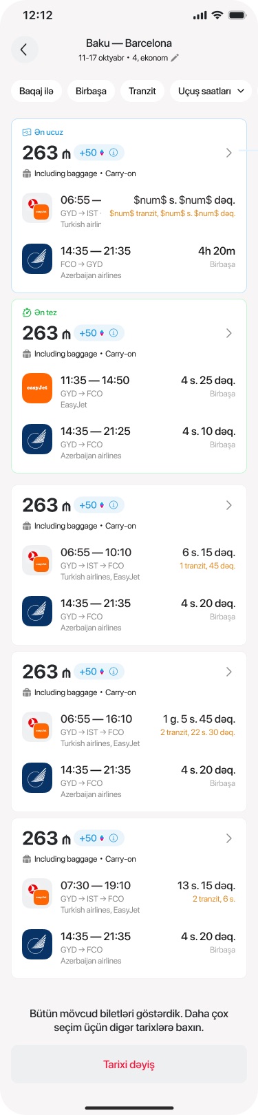 Search results with filter chips and fare cards marked cheapest and fastest