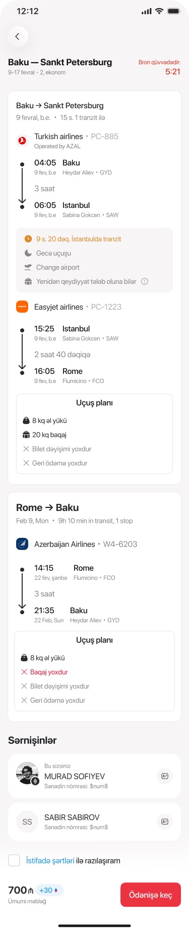 Booking review with a reservation countdown, both legs with fare rules, passengers and the total