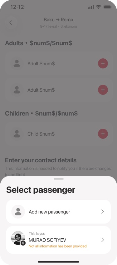 Bottom sheet to select a passenger: add a new one, or the user's own profile with a missing-information warning