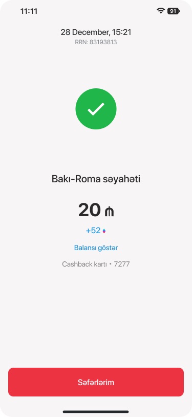 Payment success screen for the Baku to Rome trip with the cashback earned and a button to My Trips