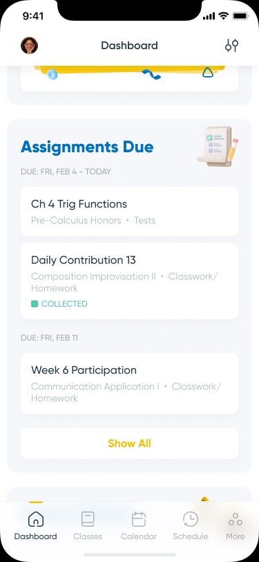 Assignments Due card grouped by due date, with course and type under each title, a green Collected tag and a Show All button