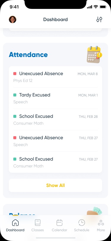 Attendance card listing unexcused absences in red and excused entries in green, each with subject and date