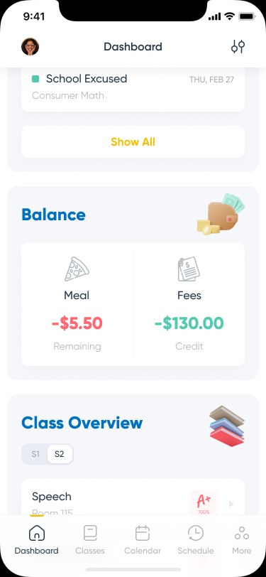 Balance card with Meal -$5.50 remaining in red and Fees -$130.00 credit in green, above the start of a Class Overview card with S1/S2 toggle