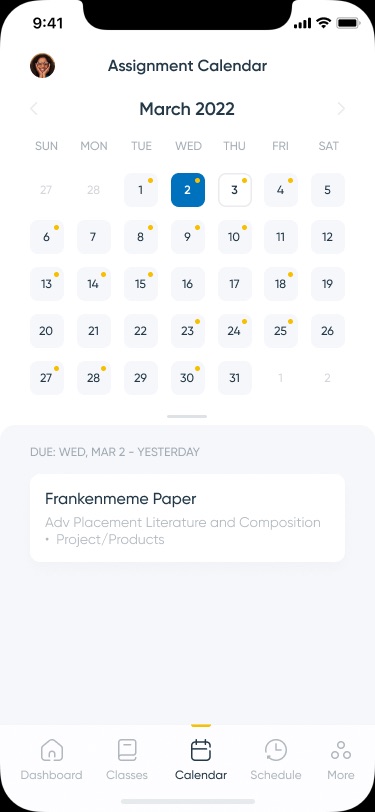Assignment Calendar for March 2022 with yellow dots on due dates, the 2nd selected in blue, and one assignment listed below