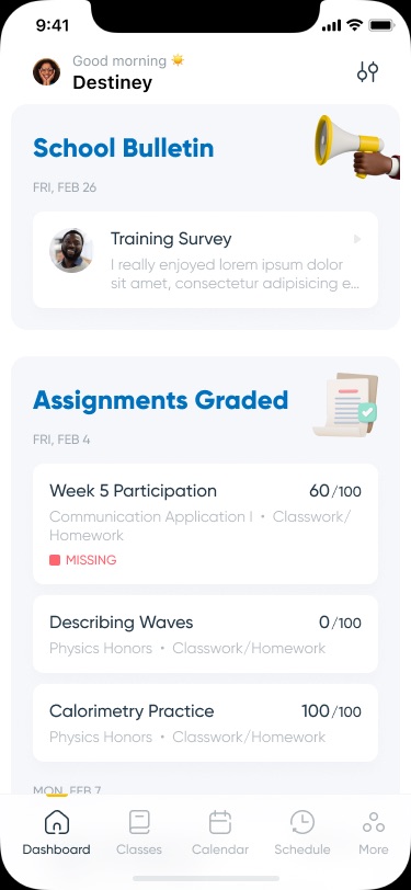 Dashboard greeting 'Good morning Destiney' with a School Bulletin card and an Assignments Graded card listing scores like 60/100 and a red Missing tag