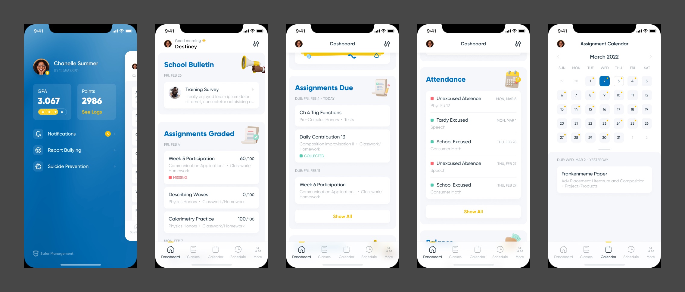 Five Class Safer screens side by side: the blue profile menu with GPA and points, the dashboard with School Bulletin and Assignments Graded, Assignments Due, Attendance and the Assignment Calendar.