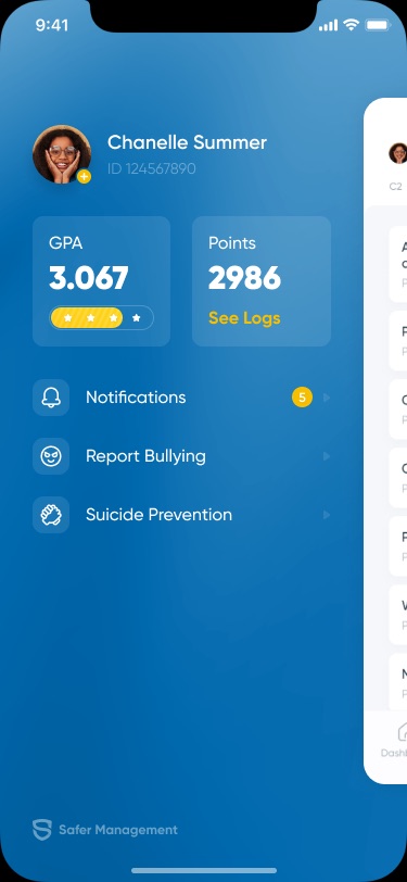 Blue profile panel for Chanelle Summer with GPA 3.067, 2986 points, and menu items Notifications, Report Bullying and Suicide Prevention