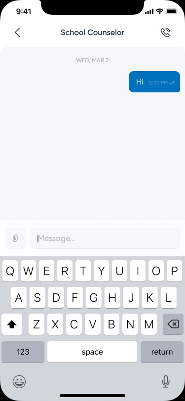 Chat with the School Counselor showing a sent 'Hi' message, an attachment button and the keyboard open