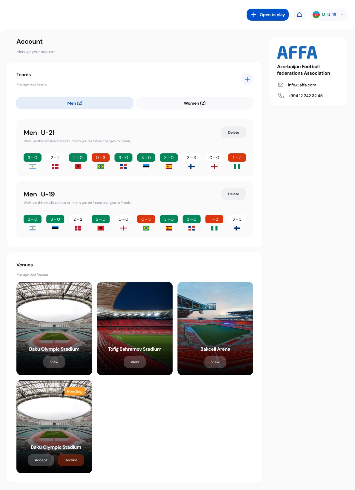 Account page with Men U-21 and U-19 teams showing recent scores as green, grey and red badges with flags, and a grid of venue cards including a pending one with Accept and Decline