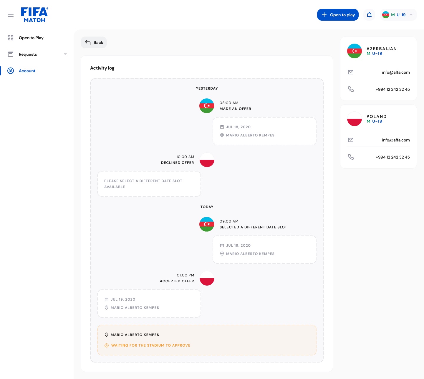 Activity log timeline between Azerbaijan and Poland U-19: offer made, declined, a new date slot selected, offer accepted, and a notice that the stadium has not approved yet