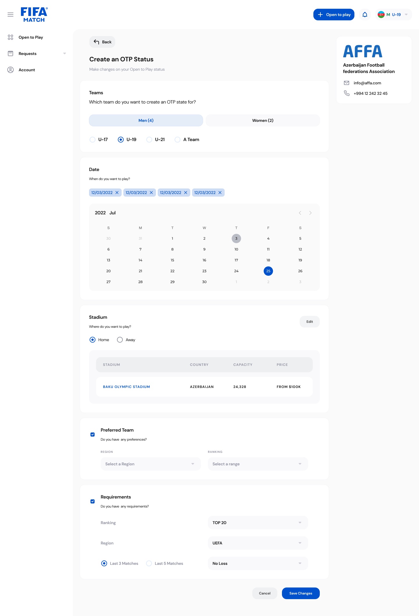 Create an OTP Status form with team and age group selection, a calendar with selected dates as chips, a home stadium table, and preferred team and requirements sections