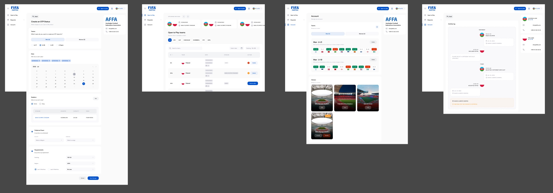 Four FIFA Match admin screens side by side: the Create an OTP Status form, the Open to Play teams table, the Account page with teams and venues, and the activity log of an offer.