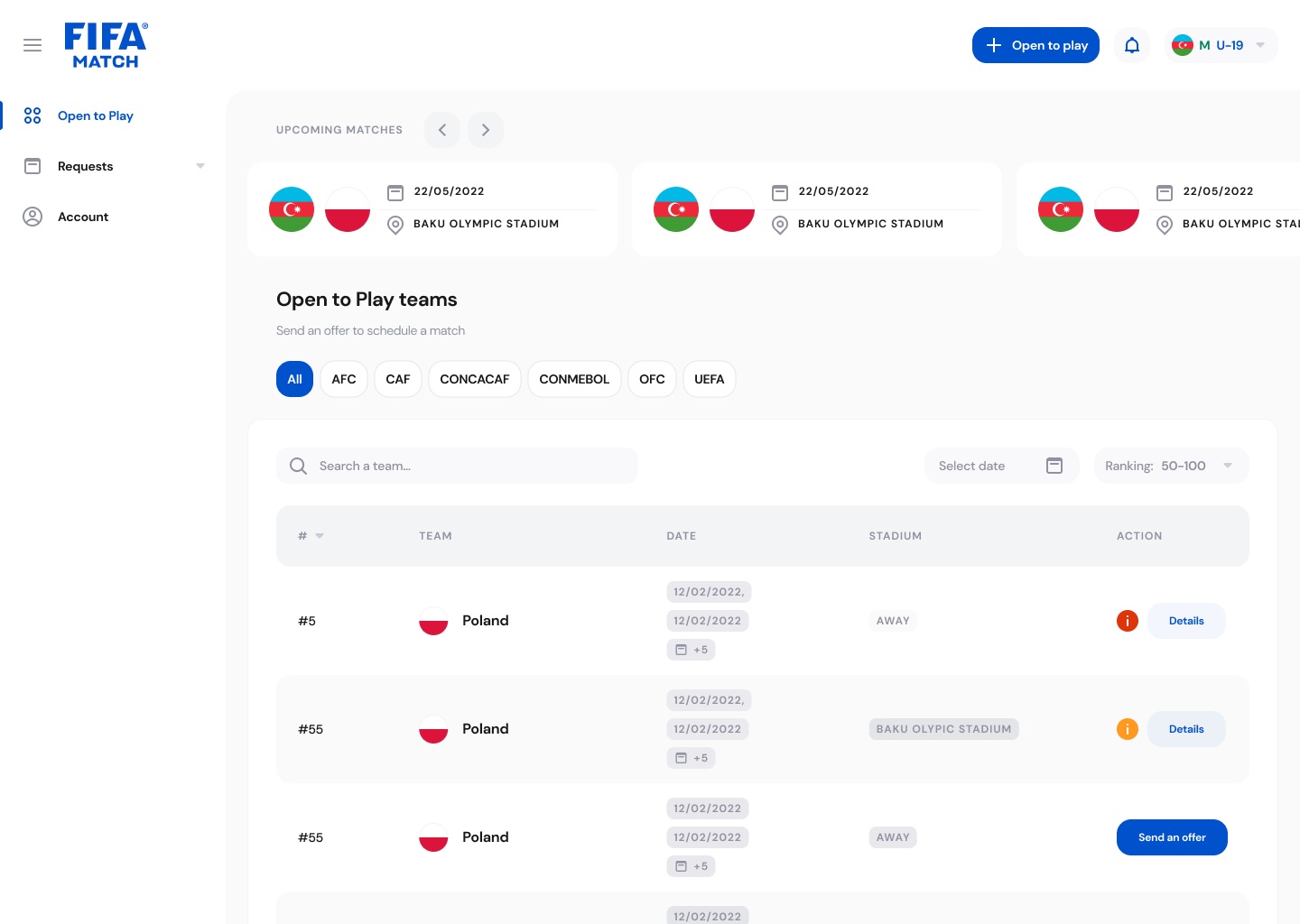 Open to Play teams page: upcoming matches carousel, confederation filter chips, search, date and ranking filters, and a table of teams with dates, stadium and Details or Send an offer actions