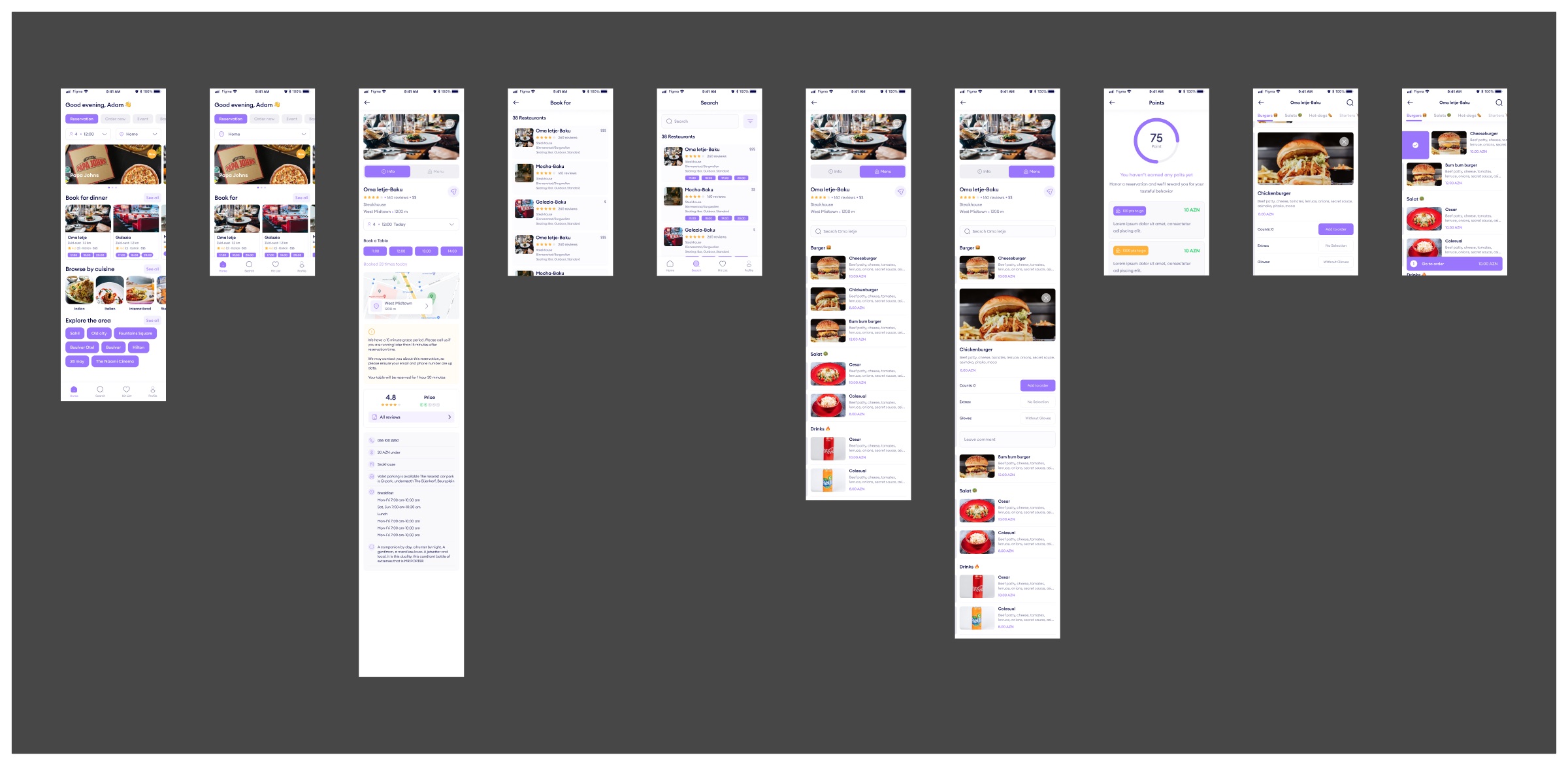 The FTable design board: ten phone screens in a row, covering home, a restaurant list, search, the restaurant info and menu tabs, a points screen and the menu with an item added to the order.