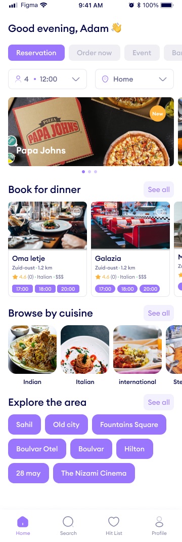 FTable home screen: a greeting, Reservation, Order now and Event tabs, party size and time selectors, a promo banner, restaurant cards with time slots, cuisine photos and area chips