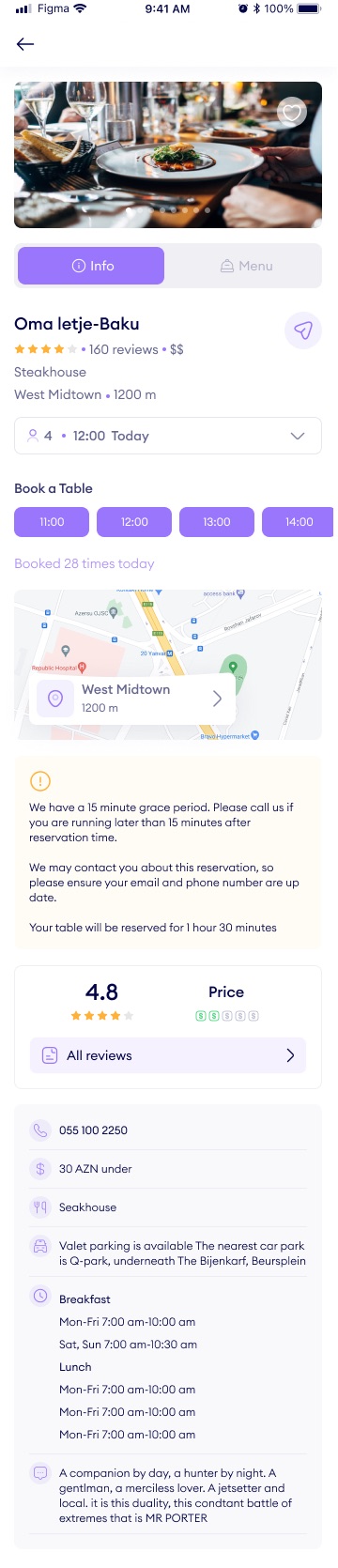 Restaurant page on the Info tab: photo, name and rating, party and time selector, time-slot buttons, a map, a yellow note on the grace period, reviews and opening hours