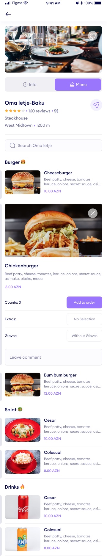 Restaurant page on the Menu tab: a search field and dishes grouped into burgers, salads and drinks, with one dish expanded showing a large photo, count, extras and an Add to order button
