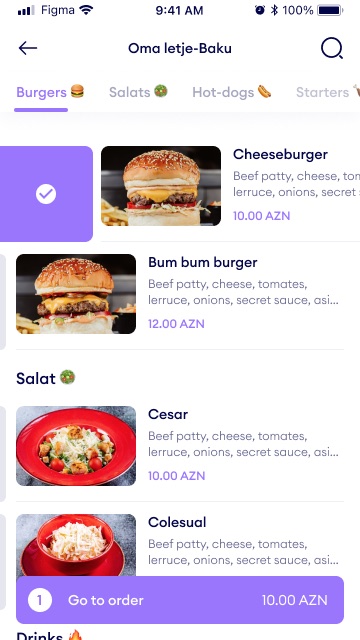 Menu with category tabs at the top, one dish marked as added with a check, and a purple 'Go to order' bar showing 1 item and 10.00 AZN
