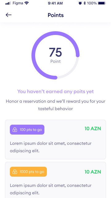 Points screen with a progress ring at 75 points and reward cards locked until 100 and 1000 points