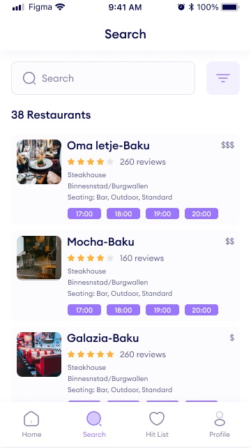 Search screen with a search field, a filter button, a count of 38 restaurants and result cards with rating, seating types, price level and four time slots