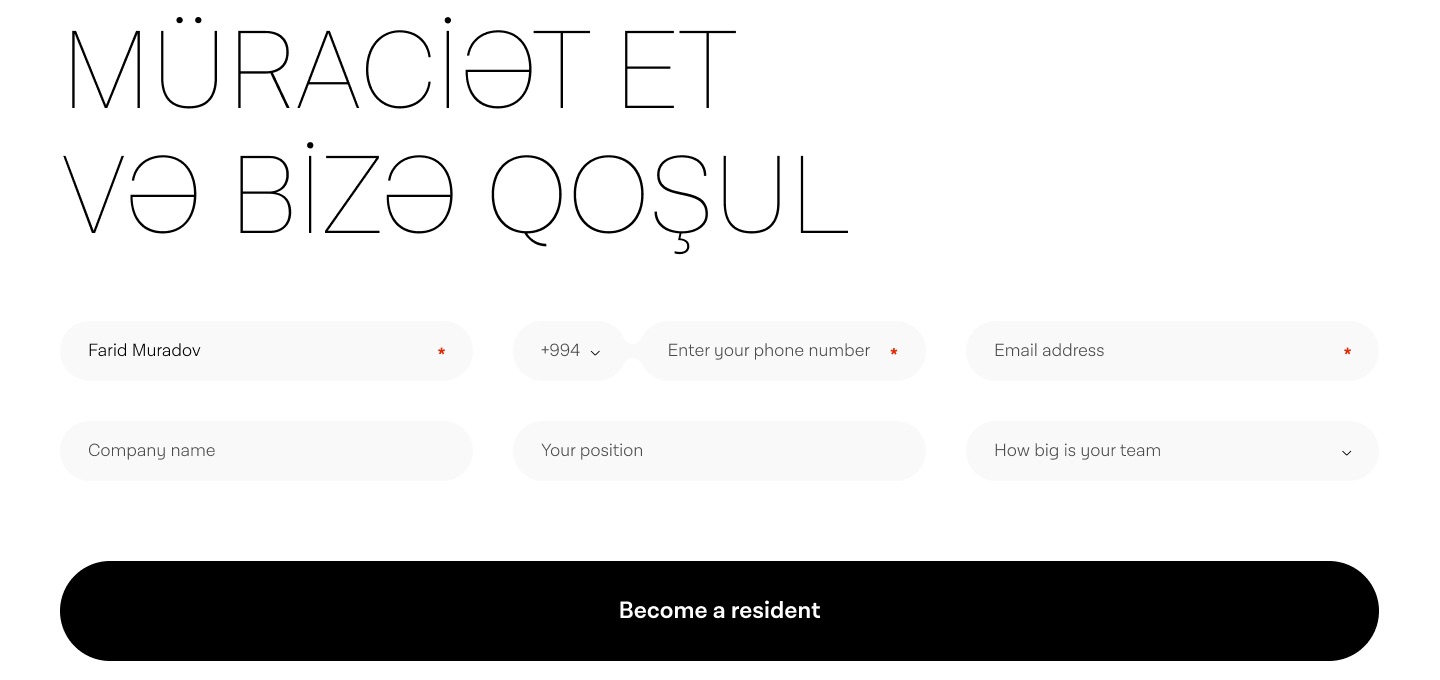 The black section dripping into white, above the headline 'Müraciət et və bizə qoşul' and the application fields