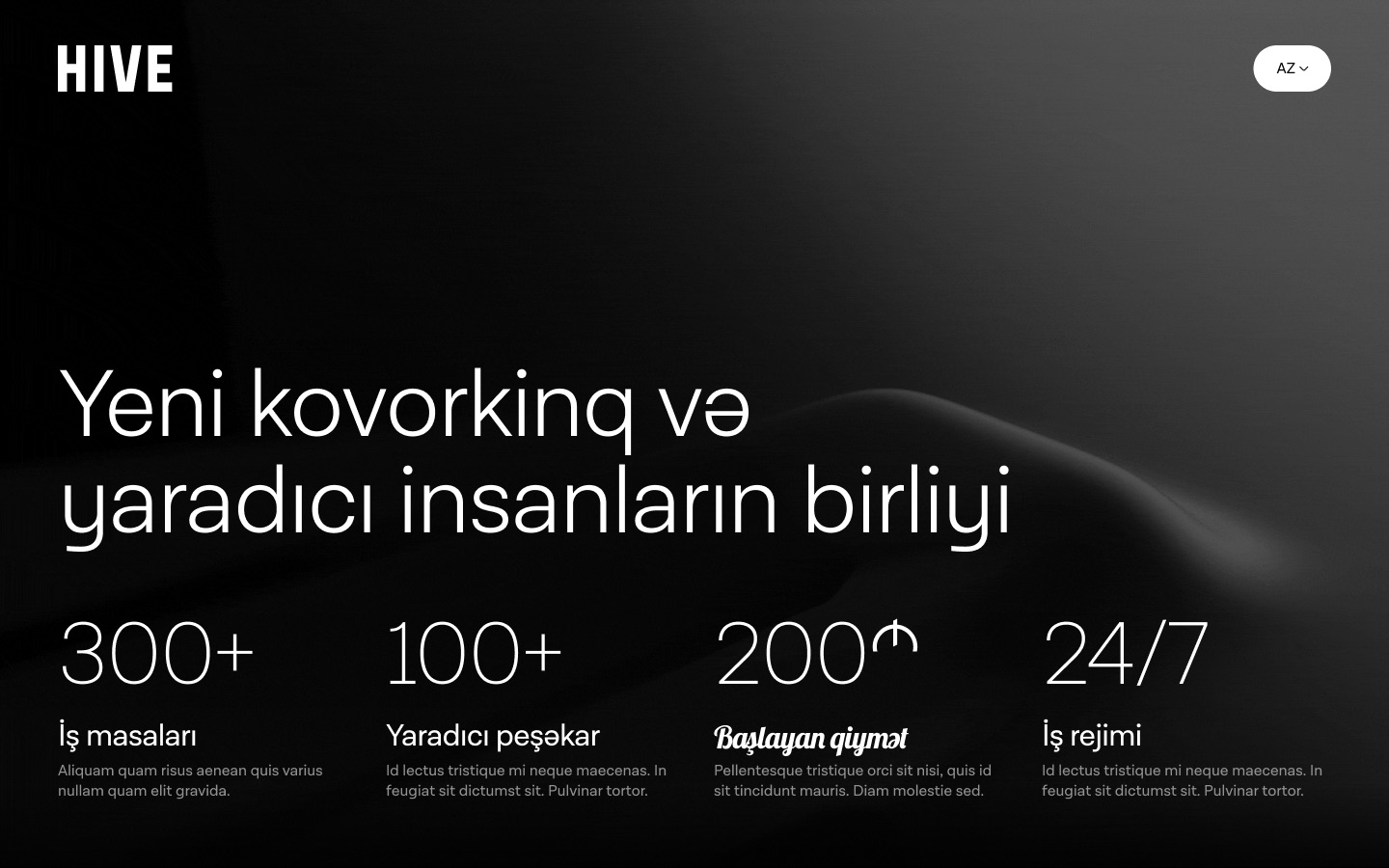 Hive landing page hero: a dark photographic background, the headline 'Yeni kovorkinq və yaradıcı insanların birliyi' and four stats: 300+ desks, 100+ creative professionals, prices from 200 AZN, open 24/7.