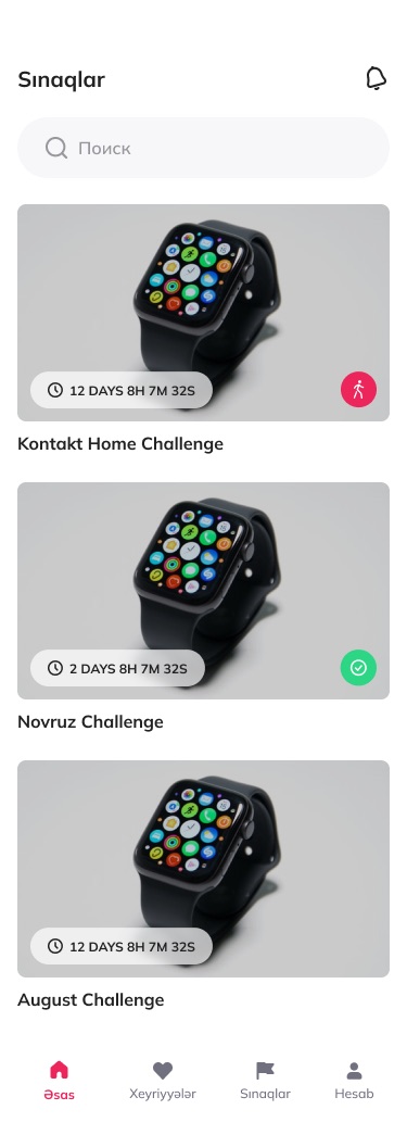 Challenges list with a search field and three large cards, each with a countdown badge and a status icon