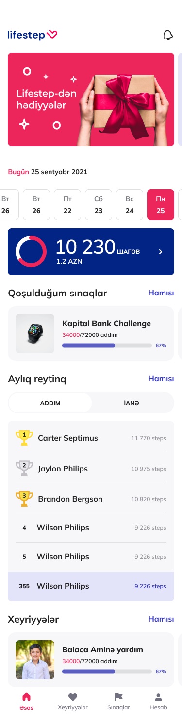 Lifestep home screen: a promo banner, a date strip, a dark blue card with 10 230 steps and 1.2 AZN, a joined challenge at 67%, the monthly leaderboard and a charity campaign