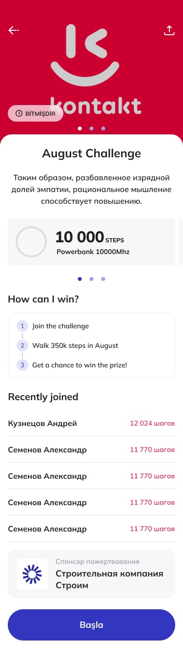 A sponsored challenge with a red sponsor header, a prize card for 10 000 steps, three steps under 'How can I win?', recently joined participants and a Start button