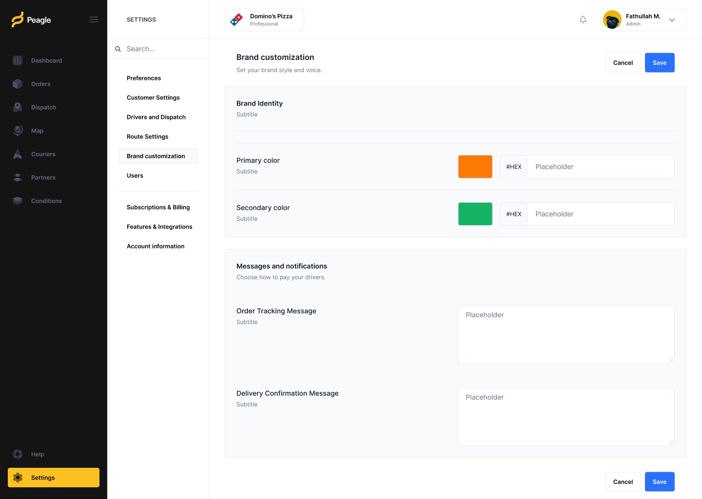 Brand customization settings with primary and secondary colour swatches and text areas for order tracking and delivery confirmation messages